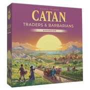 Catan: Traders & Barbarians Expansion 6th Edition - Catan Traders & Barbarians Expansion box with sunset, countryside, travelers, and cart illustration on purple background.