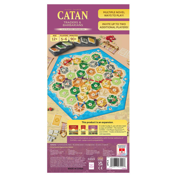 Catan: Traders & Barbarians: 5-6 Player Expansion 6th Edition - Box art for Catan Traders & Barbarians 5-6 Player Expansion featuring a hexagonal game board with colorful terrain tiles and