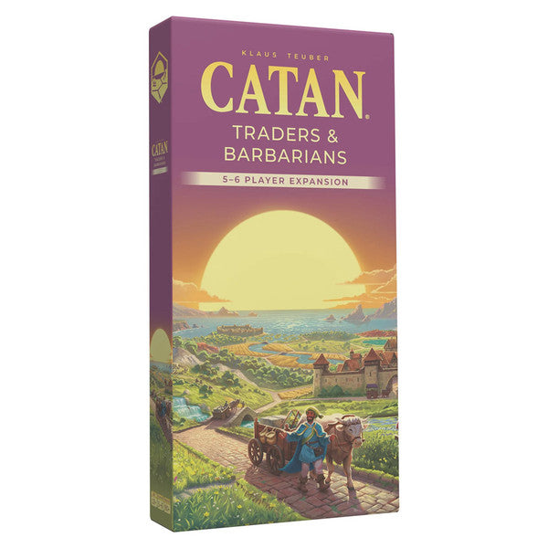 Catan: Traders & Barbarians: 5-6 Player Expansion 6th Edition - Purple rectangular box of Catan Traders & Barbarians 5-6 Player Expansion with sunset and pastoral landscape illustration.