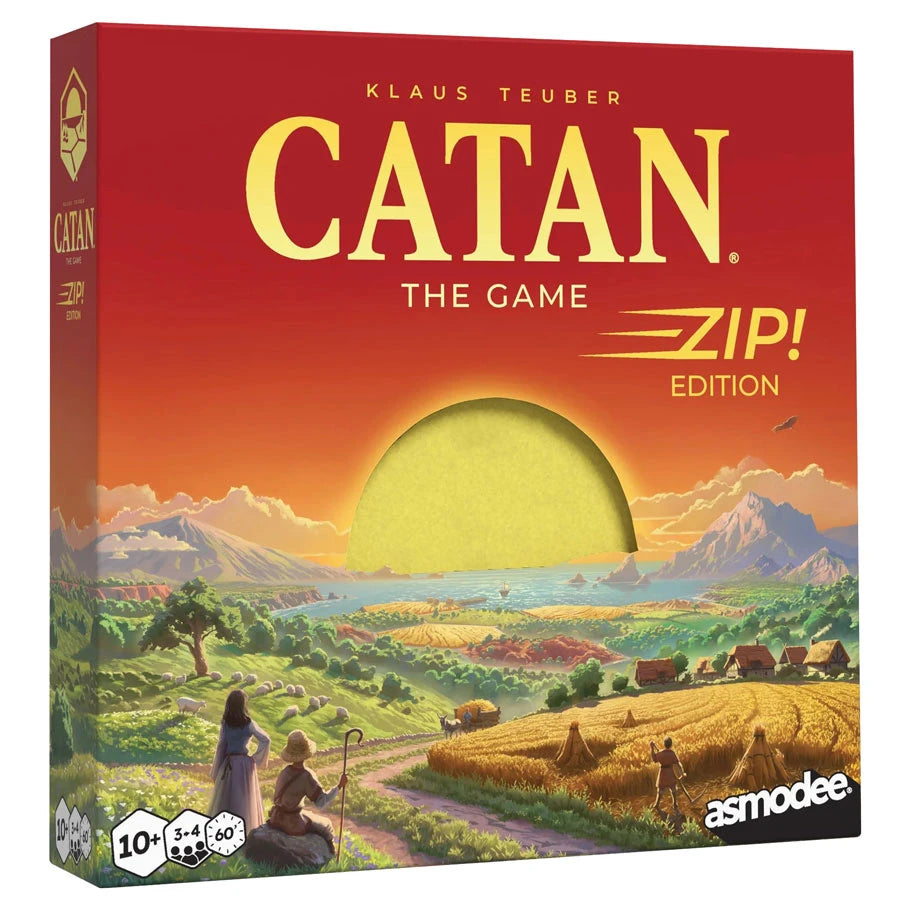 CATAN: Zip! - CATAN board game box with red background, yellow sunset graphic, and landscape illustration with three players and rolling.