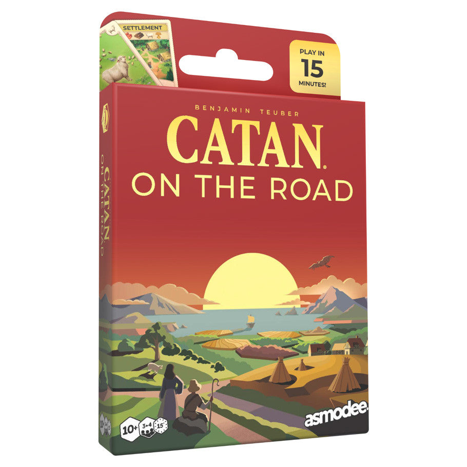 CATAN: On the Road (PREORDER) - On the Road board game box with sunset landscape, mountains, and travelers on a road.