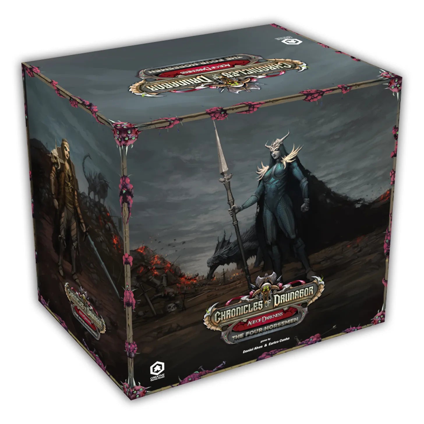 Chronicles of Drunagor: Age of Darkness: Apocalypse - The Four Horsemen (PREORDER) - Dark fantasy-themed board game box featuring four armored horsemen under a stormy sky on all sides.