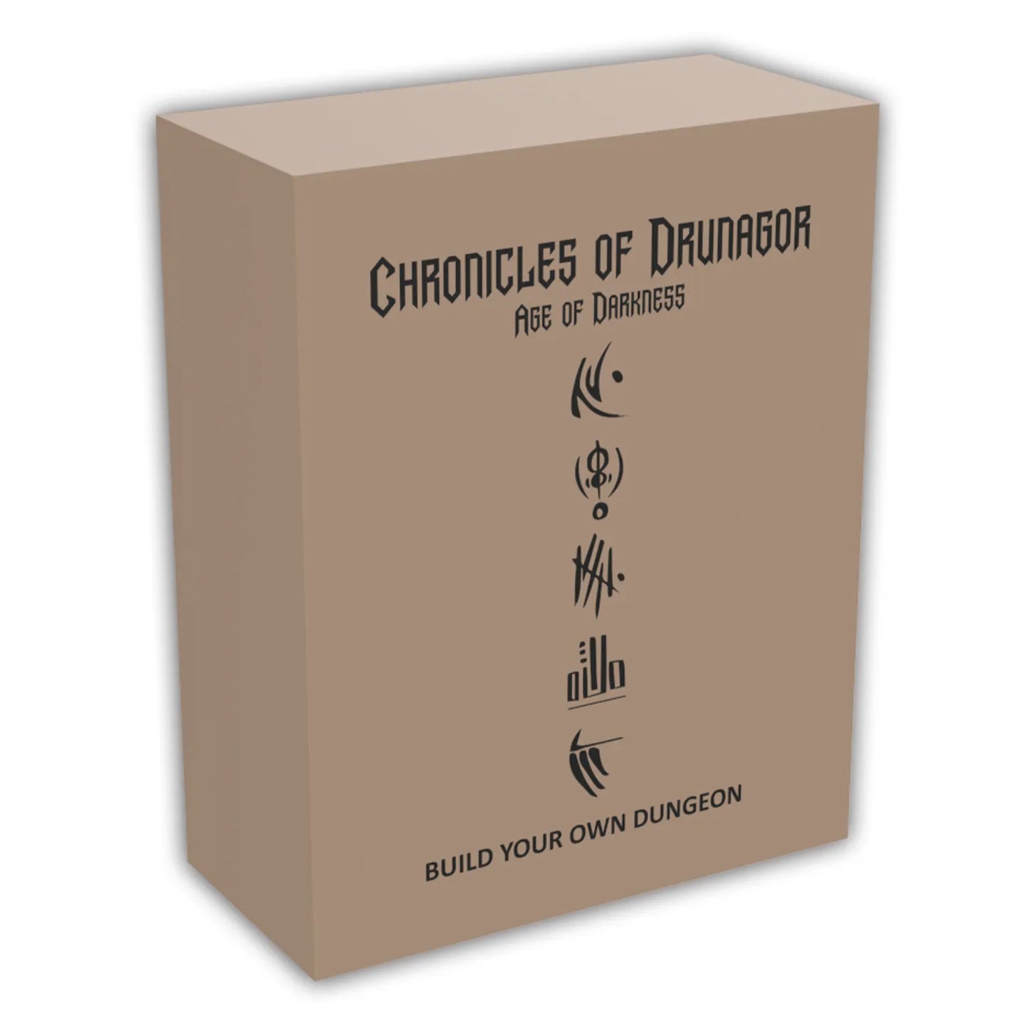 Chronicles of Drunagor: Age of Darkness - Build Your Own Dungeon (PREORDER) - Rectangular beige game box with black fantasy symbols and text "Chronicles of Drunagor Age of Darkness" and "Build Your Own.