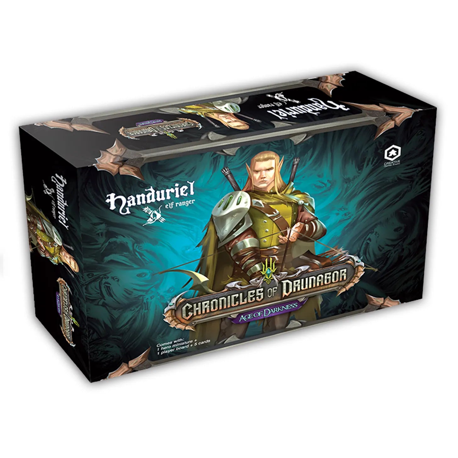 Chronicles of Drunagor: Age of Darkness - Handuriel v.2 (PREORDER) - Rectangular game box featuring fantasy warrior in green and silver armor holding a sword against a dark teal swirling.