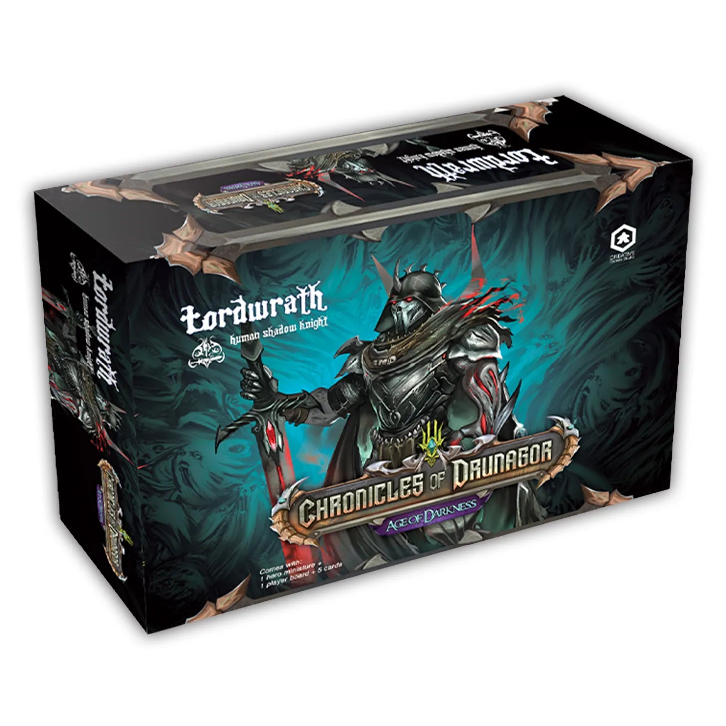 Chronicles of Drunagor: Age of Darkness - Lordwrath v.2 (PREORDER) - Dark fantasy game box featuring armored warrior with glowing blue eyes and red accents, wielding a weapon against a teal and
