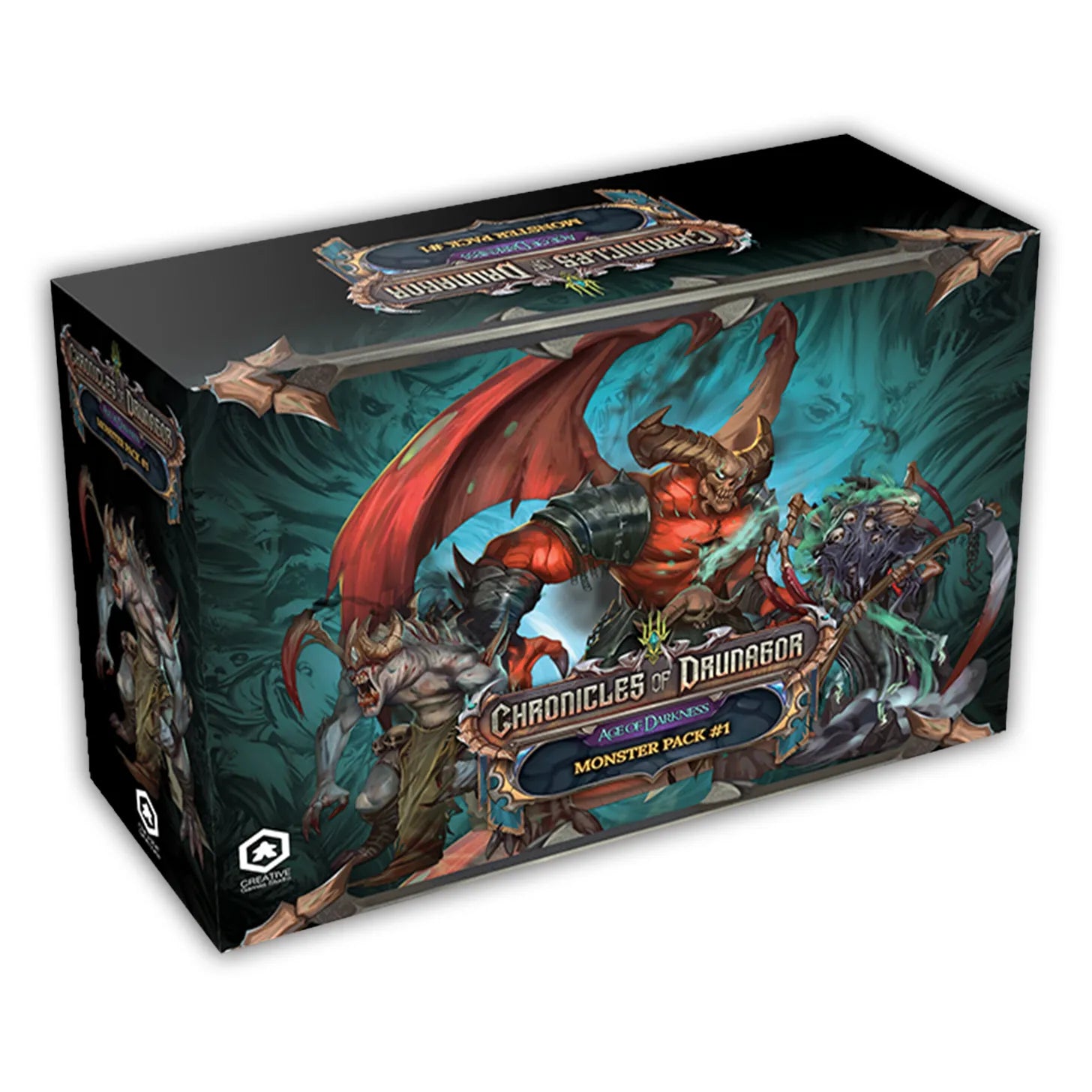 Chronicles of Drunagor: Age of Darkness - Monster Pack #1 v.2 (PREORDER) - Black rectangular game box featuring detailed fantasy artwork of monstrous creatures with wings, weapons, and armor in a.