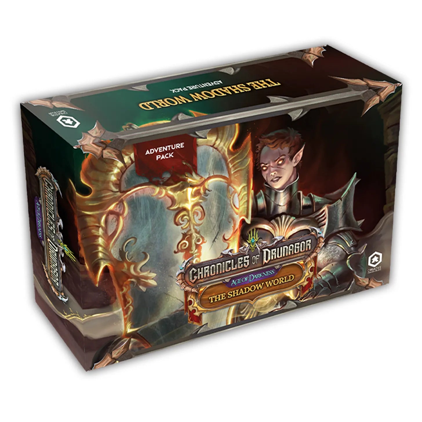 Chronicles of Drunagor: Age of Darkness - The Shadow World v.2 (PREORDER) - Rectangular game box featuring fantasy artwork with a glowing magical helmet and a female warrior in armor, dark background.