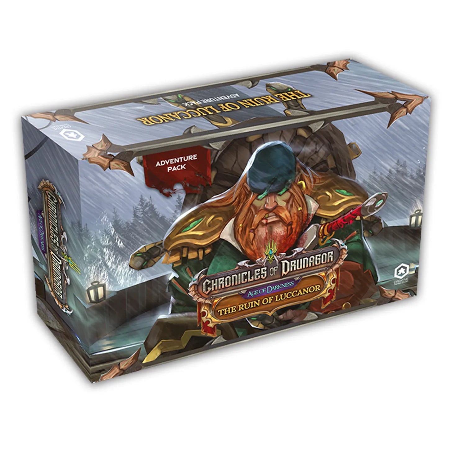 Chronicles of Drunagor: Age of Darkness - The Ruin of Luccanor v.2 (PREORDER) - Rectangular game box featuring a dwarf warrior holding an axe, set against a snowy mountain backdrop with bold.
