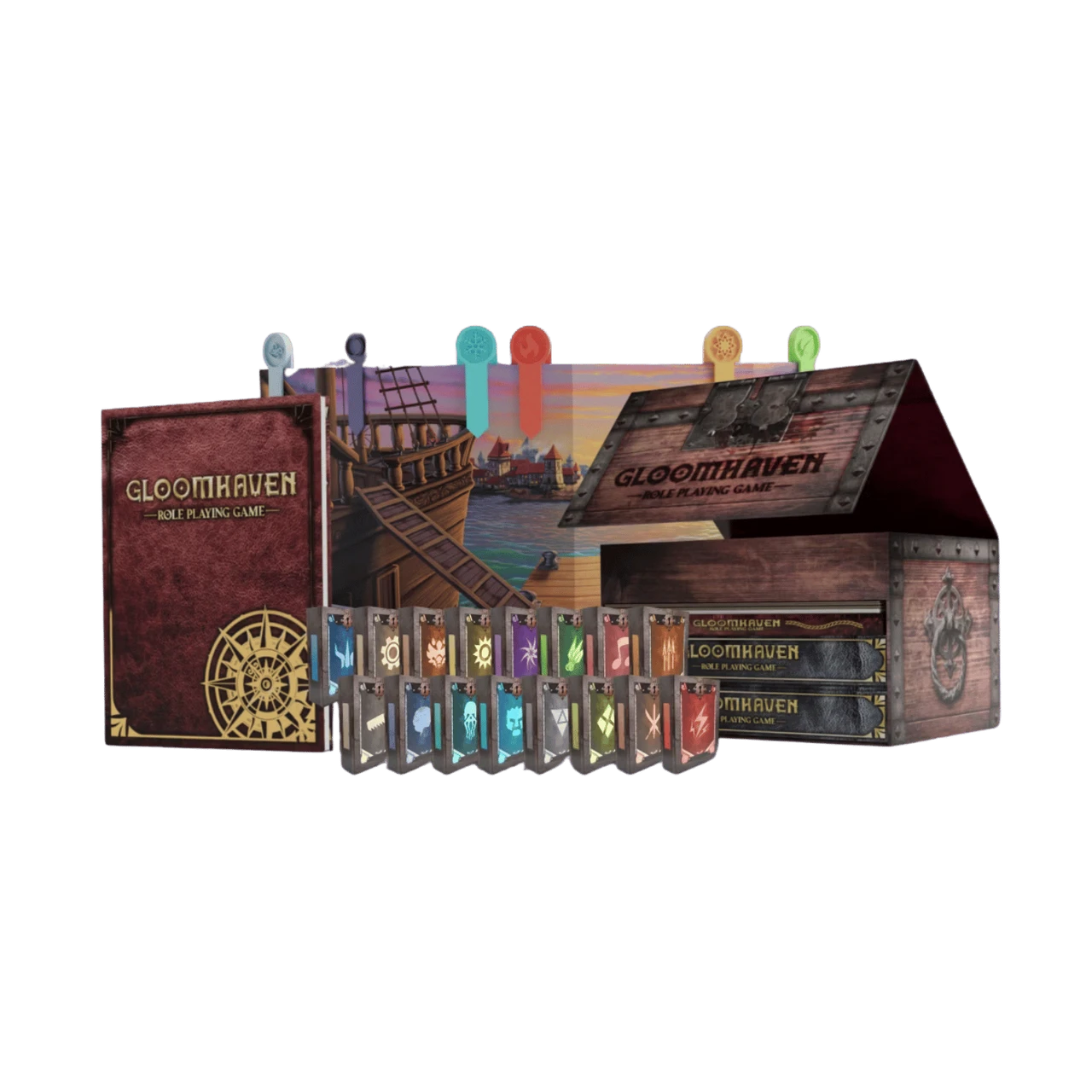 Gloomhaven RPG: Deluxe Box Set (PREORDER) - Deluxe Gloomhaven RPG box set with burgundy and gold embossed case, colorful character tokens, scenario book, and detailed.