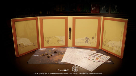 Critical Role: Caleb Widogast's Game Master Spell Book - Leather-bound game master spell book with four fold-out panels featuring detailed fantasy artwork and character.