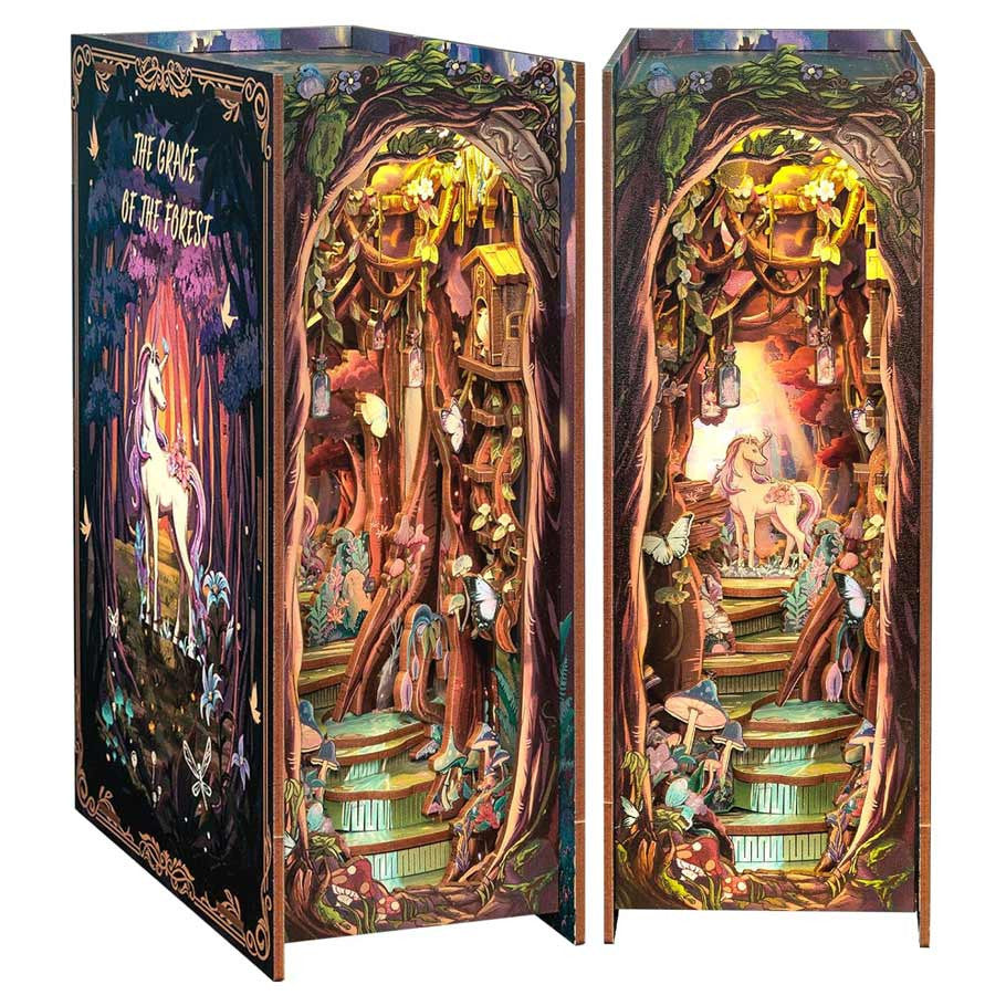 The Grace of Forest Book Nook (PREORDER) - Intricate forest-themed book nook with glowing fairy lights, twisted tree branches, and a mystical woodland scene featuring.