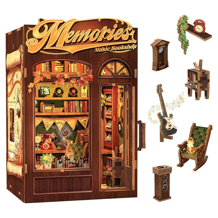 Memories Music Bookshop Nook (PREORDER) - Miniature wooden book nook featuring a cozy music-themed bookshop with shelves, a guitar, a rocking chair, and vintage decor.