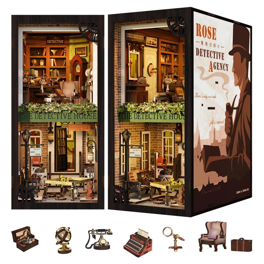 Rose Detective Agency Book Nook (PREORDER) - Miniature book nook featuring a detailed detective agency scene with wooden shelves, vintage typewriter, rotary phone,.