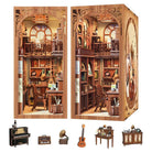 The Secret Rhythm Book Nook (PREORDER) - Intricate wooden book nook depicting a cozy vintage music room with piano, bookshelves, guitar, and detailed miniature.