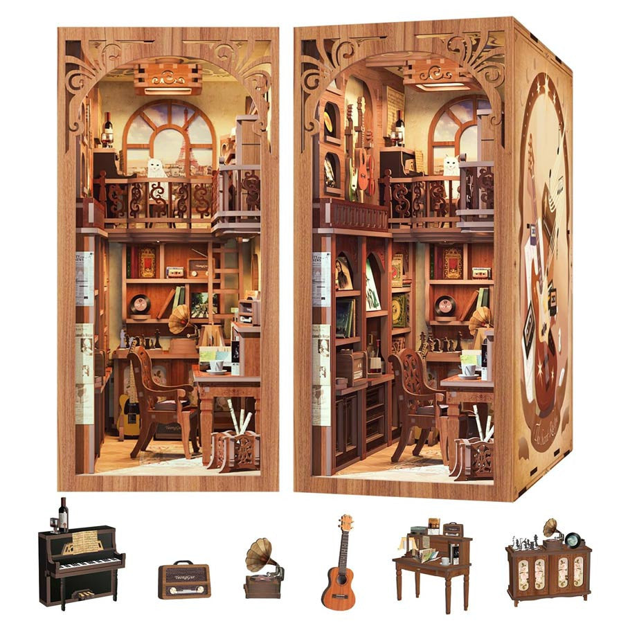 The Secret Rhythm Book Nook (PREORDER) - Intricate wooden book nook depicting a cozy vintage music room with piano, bookshelves, guitar, and detailed miniature.