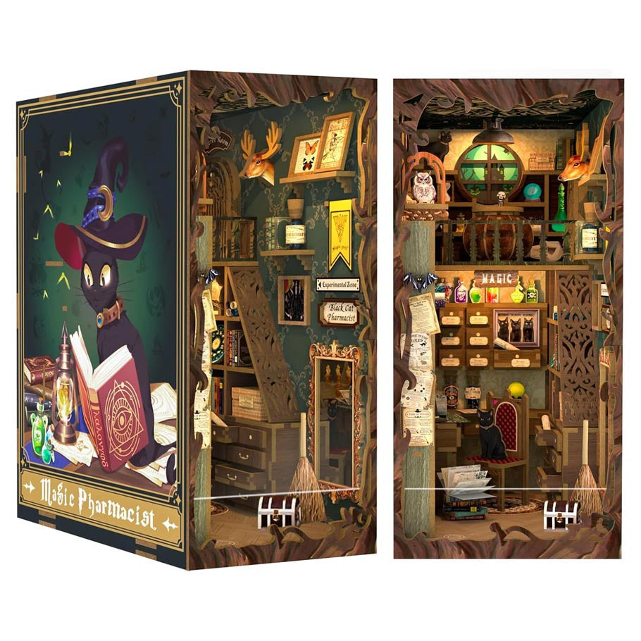 Magic Pharmacist Book Nook (PREORDER) - Tall rectangular book nook with intricate wooden frame, featuring a cozy pharmacist’s workshop scene illuminated by warm.