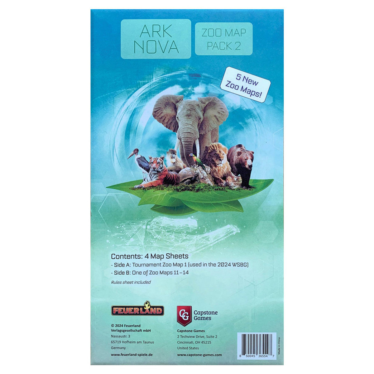 Ark Nova: Zoo Map Pack 2 Expansion - Ark Nova Zoo Map Pack 2 Expansion box with colorful animal illustrations on blue-green background and text details.