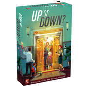Up or Down - Card game box titled "Up or Down?" with elevator doors opening to reveal four people inside, green background with gold.