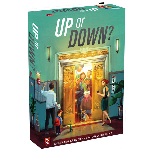 Up or Down - Card game box titled "Up or Down?" with elevator doors opening to reveal four people inside, green background with gold.