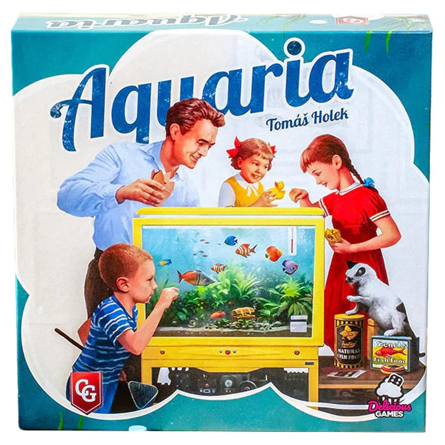 Aquaria - Aquaria board game box featuring a family playing with a colorful aquarium-themed game setup on a yellow stand.