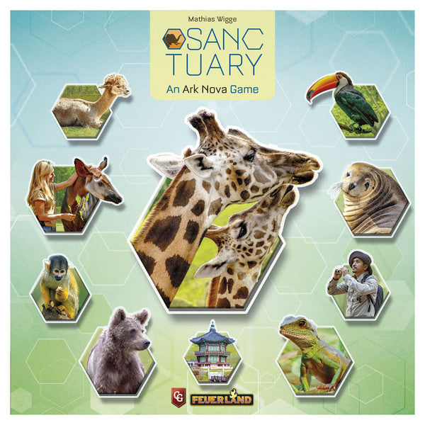 Sanctuary: An Ark Nova Game - Board game box with hexagonal animal illustrations featuring a giraffe, toucan, tiger, wolf, and meerkat on a green.
