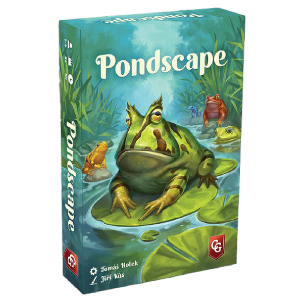 Pondscape (PREORDER) - Rectangular green box with illustrated frogs on lily pads in a pond, titled Pondscape card game.