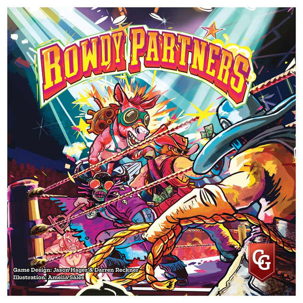 Rowdy Partners - Colorful Rowdy Partners card game box featuring dynamic cartoon animal characters in action with bold red and yellow logo.