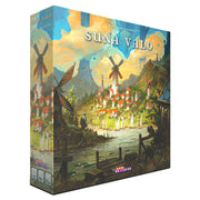 Suna Valo - Suna Valo board game box featuring a colorful village landscape with windmills, mountains, and water under a partly cloudy.