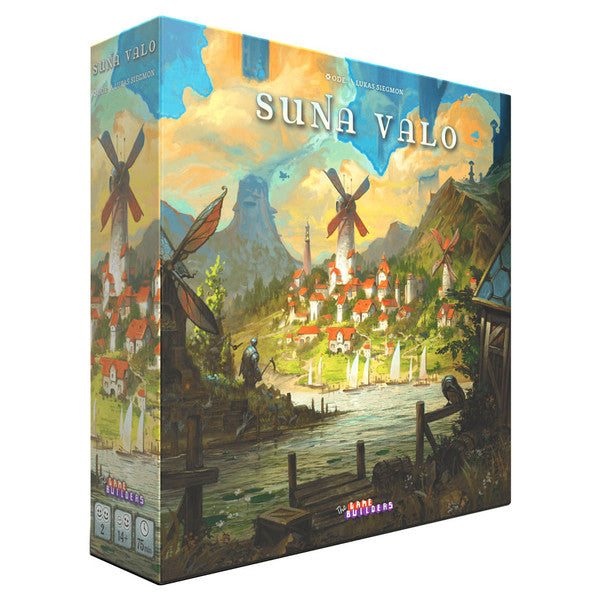 Suna Valo - Suna Valo board game box featuring a colorful village landscape with windmills, mountains, and water under a partly cloudy.