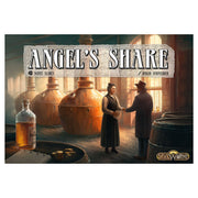 Angel's Share (PREORDER) - Board game box featuring two men in vintage attire in a dimly lit distillery with copper stills and wooden barrels.