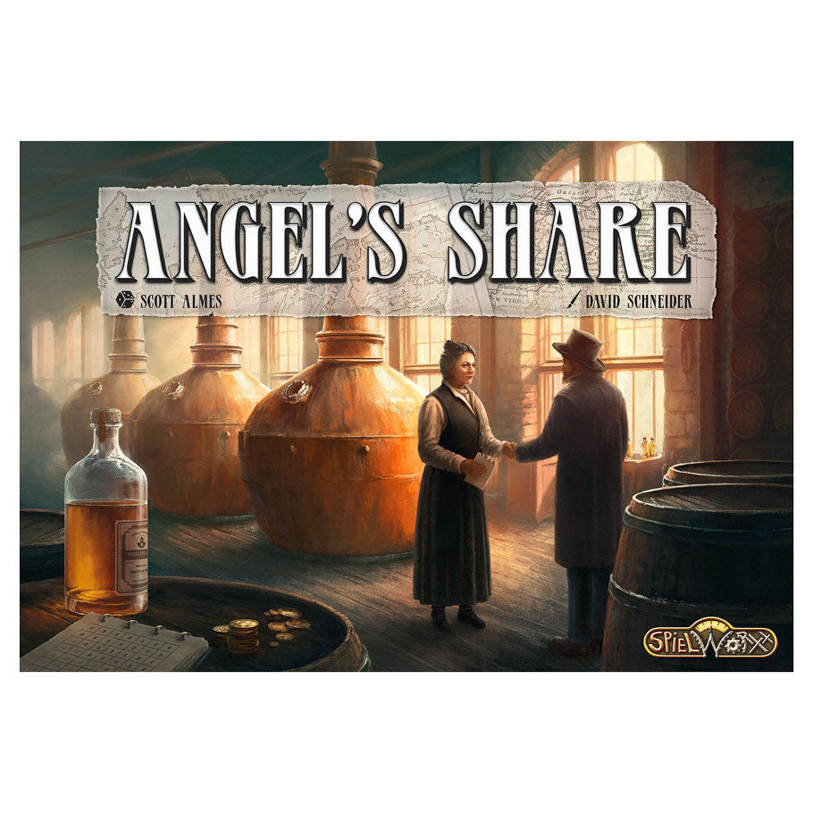 Angel's Share (PREORDER) - Board game box featuring two men in vintage attire in a dimly lit distillery with copper stills and wooden barrels.