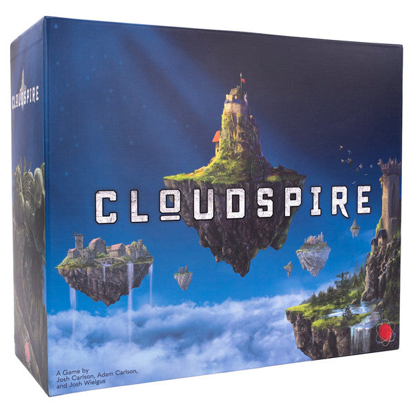 Cloudspire (PREORDER) - Board game box featuring floating islands with a castle above clouds under a blue sky, titled Cloudspire in bold white.