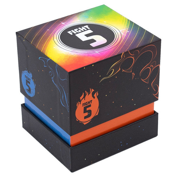 Fight 5 - Colorful cube-shaped card game box with black base, vibrant gradient top, and fiery Fight 5 logo.