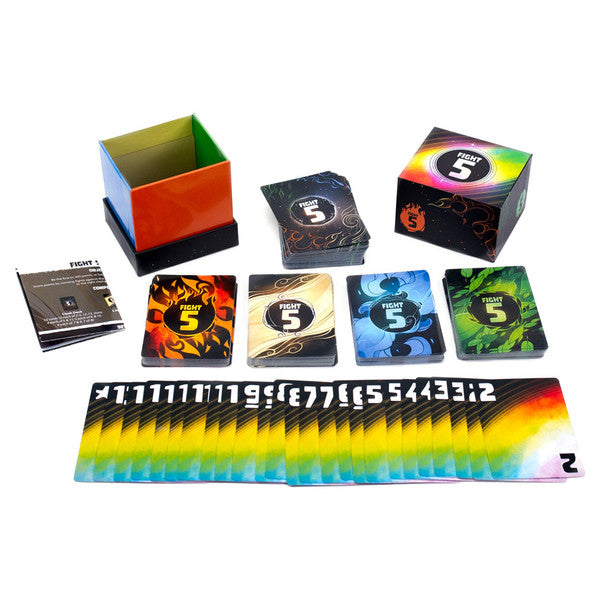 Fight 5 - Fight 5 card game with colorful numbered cards, black storage box with multicolor design, and instruction booklet.