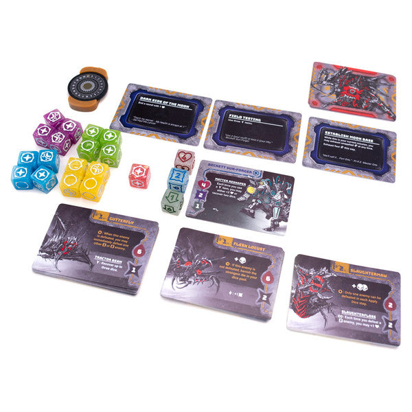 20 Strong: Solar Sentinels Base Game - Colorful dice in purple, green, yellow, blue, red, and white with white symbols, black and orange tokens, and game cards.