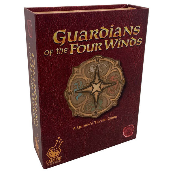 Guardians of the Four Winds - Dark red textured box with gold lettering and a stylized compass emblem for Guardians of the Four Winds card game.