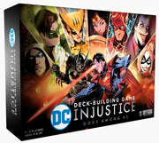 DC Deck-Building Game: Injustice - Rectangular game box with colorful DC superhero and villain characters battling, titled DC Injustice deck-building card game.