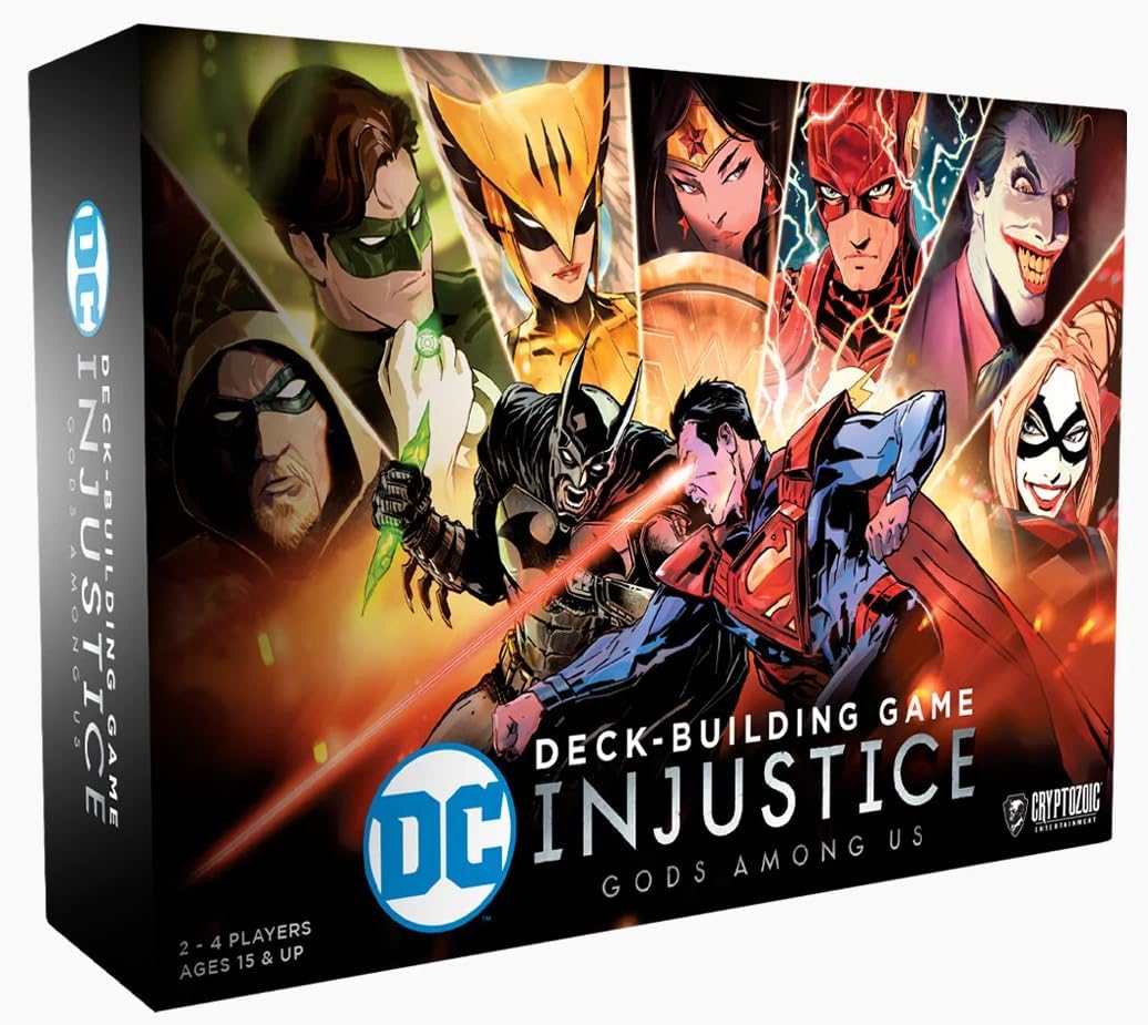 DC Deck-Building Game: Injustice - Rectangular game box with colorful DC superhero and villain characters battling, titled DC Injustice deck-building card game.
