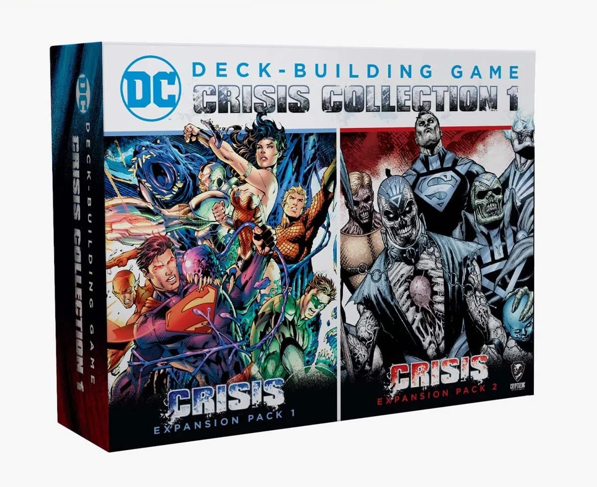 DC Deck-Building Game: Crisis Collection 1 - DC Deck-Building Game Crisis Collection 1 box set with colorful superhero artwork and monochrome villain art on black.