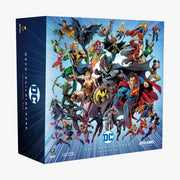 DC Deck-Building Game: Multiverse Box Super Heroes Edition - Colorful rectangular game box featuring DC superheroes in action poses on a blue gradient background.