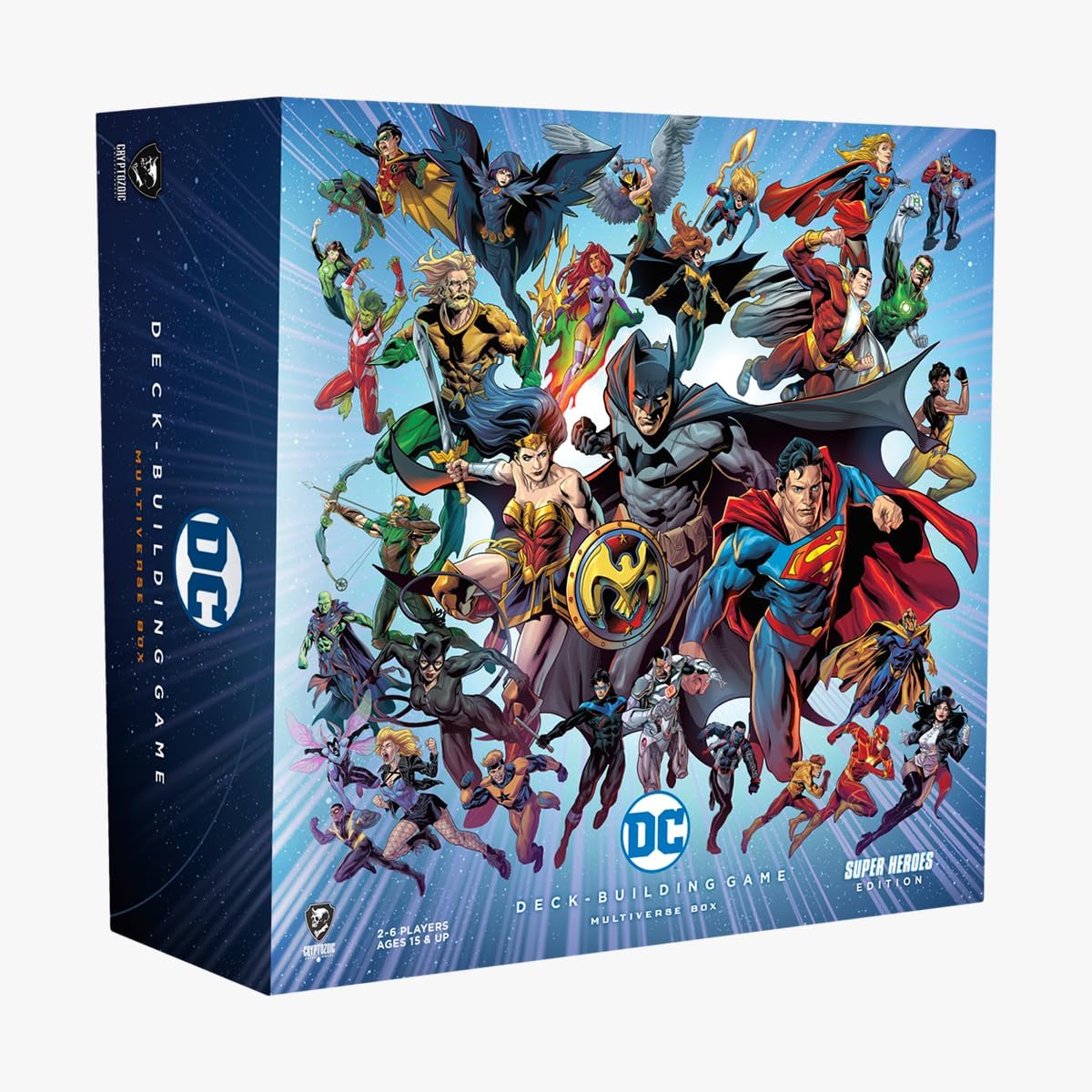 DC Deck-Building Game: Multiverse Box Super Heroes Edition - Colorful rectangular game box featuring DC superheroes in action poses on a blue gradient background.