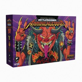 Epic Spell Wars of the Battle Wizards: ANNIHILAGEDDON 3 - SATANIC PANIC - Colorful rectangular card game box featuring a demonic cartoon character with horns, a long tongue, and skeletal hands on a.