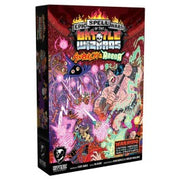 Epic Spell Wars of the Battle Wizards: Anarchy at the Arena - Boxed card game with vibrant fantasy artwork featuring wizards, magic spells, and mystical creatures in fiery battle colors.