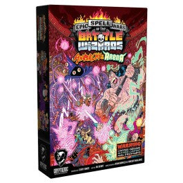 Epic Spell Wars of the Battle Wizards: Anarchy at the Arena - Boxed card game with vibrant fantasy artwork featuring wizards, magic spells, and mystical creatures in fiery battle colors.