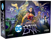 DC Deck-Building Game: Justice League Dark - Rectangular board game box with dark purple and black background featuring illustrated Justice League Dark characters,.