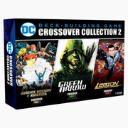 DC Deck-Building Game: Crossover Collection 2 - Rectangular game box with DC logo, featuring vibrant artwork of Justice Society, Green Arrow, and Legion characters on a.