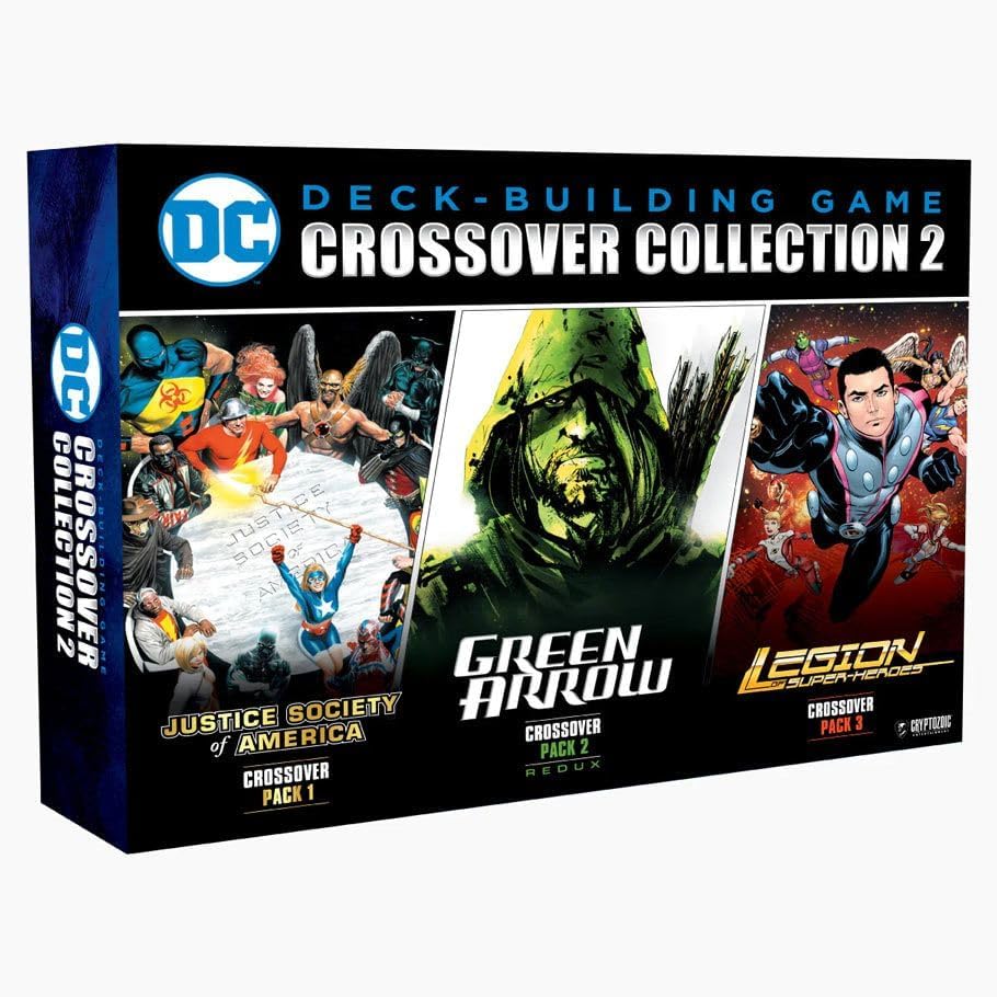 DC Deck-Building Game: Crossover Collection 2 - Rectangular game box with DC logo, featuring vibrant artwork of Justice Society, Green Arrow, and Legion characters on a.