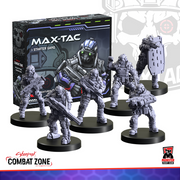 Cyberpunk RED: Combat Zone - MAX-TAC Starter Gang (PREORDER) - Set of six detailed gray plastic cyberpunk soldier miniatures armed with futuristic weapons and armor, standing on black.