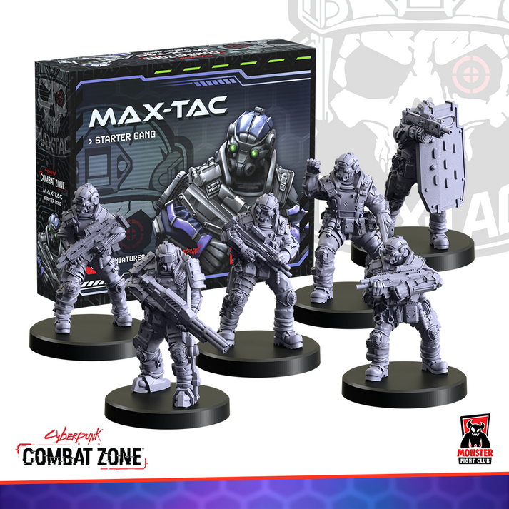 Cyberpunk RED: Combat Zone - MAX-TAC Starter Gang (PREORDER) - Set of six detailed gray plastic cyberpunk soldier miniatures armed with futuristic weapons and armor, standing on black.