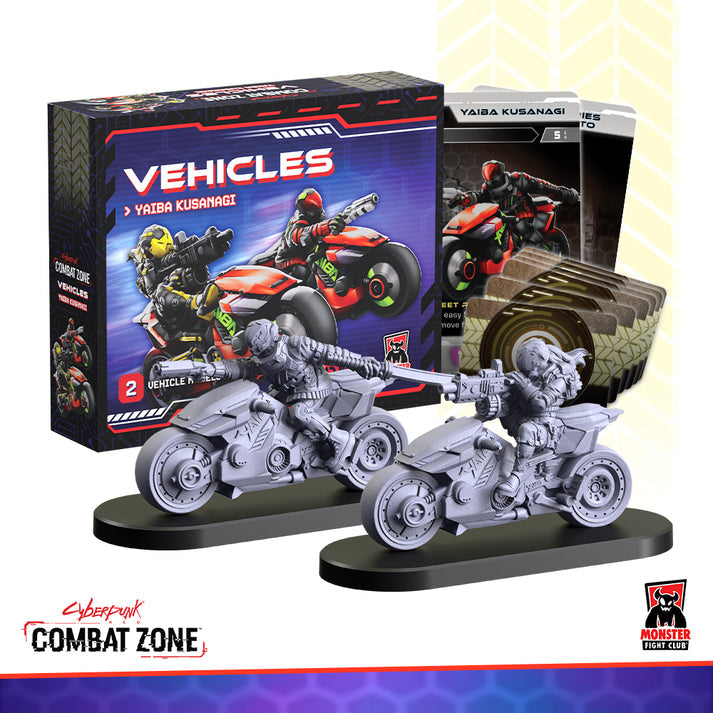 Cyberpunk RED: Combat Zone - Yaiba Kusanagi Cybercycle Vehicles (PREORDER) - Set of two gray plastic miniature motorcycles with riders in futuristic armor, accompanied by cards and a box featuring.